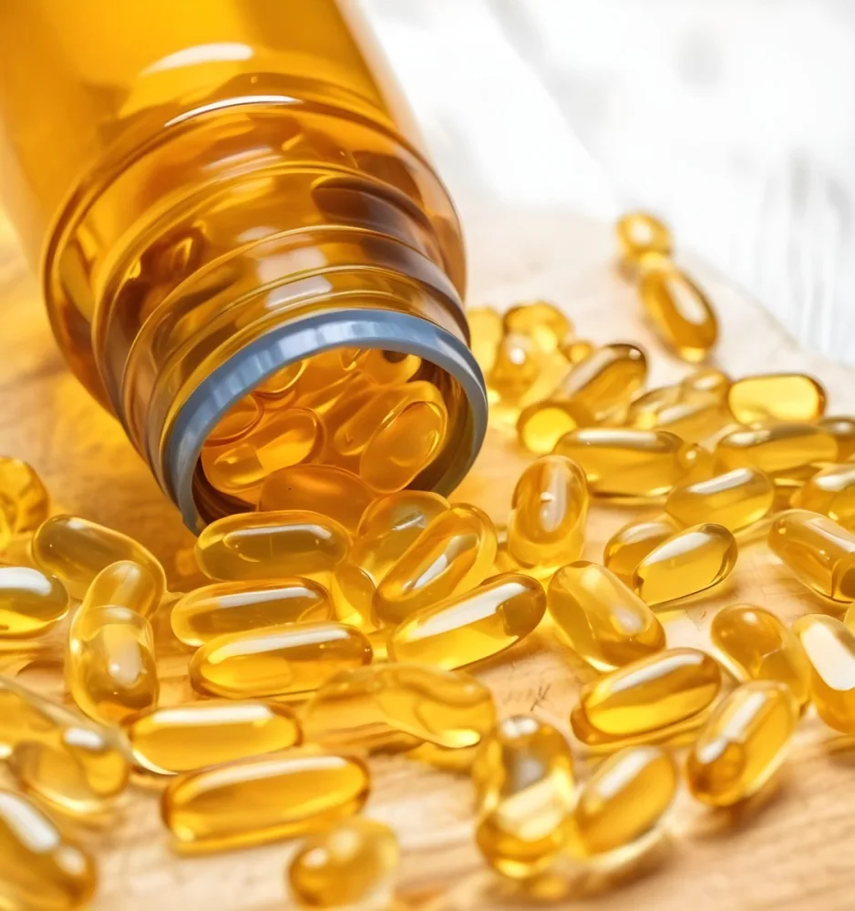 Bottle Of Golden Fish Oil Capsules Spilled On A Wooden Surface 21 0217
