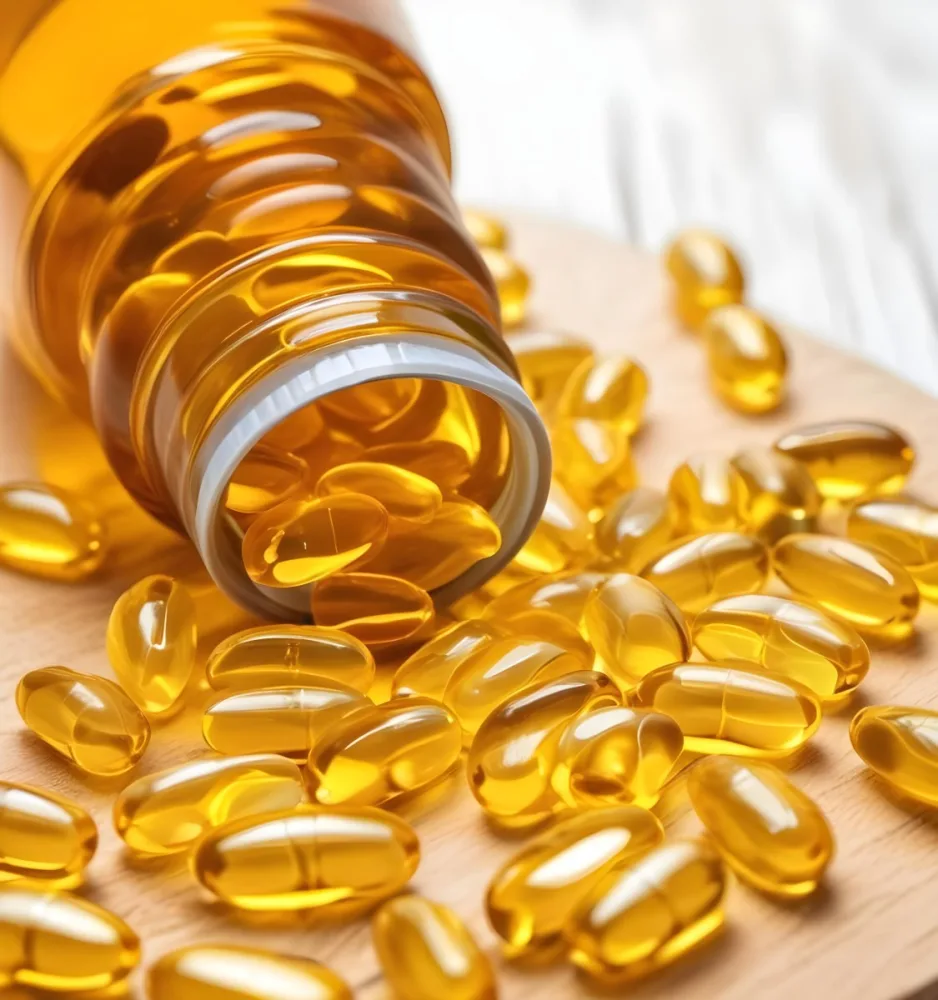 Bottle Of Golden Fish Oil Capsules Spilled On A Wooden Surface 6 86c9