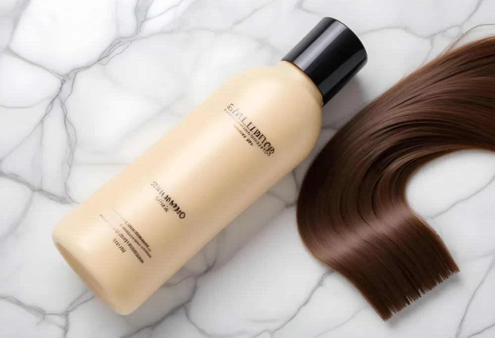 Bottle Of Shampoo With White Cap And A Lock Of Brown Hair On A White Marble Background 9 F31f