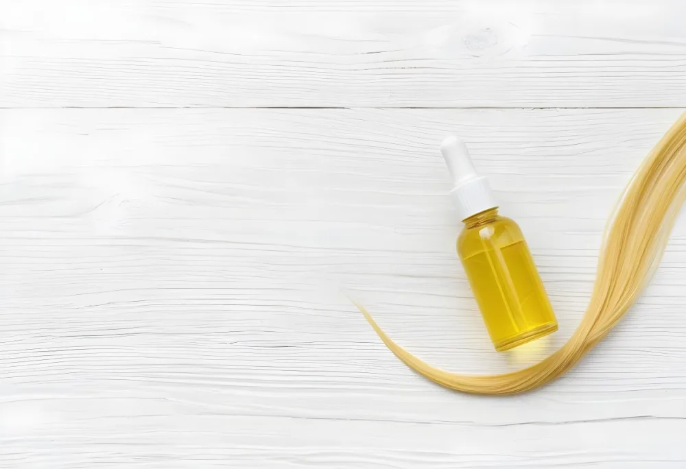 Bottle Of Yellow Hair Oil With A White Cap And A Strand Of Blonde Hair On A White Wooden Table 11 9103
