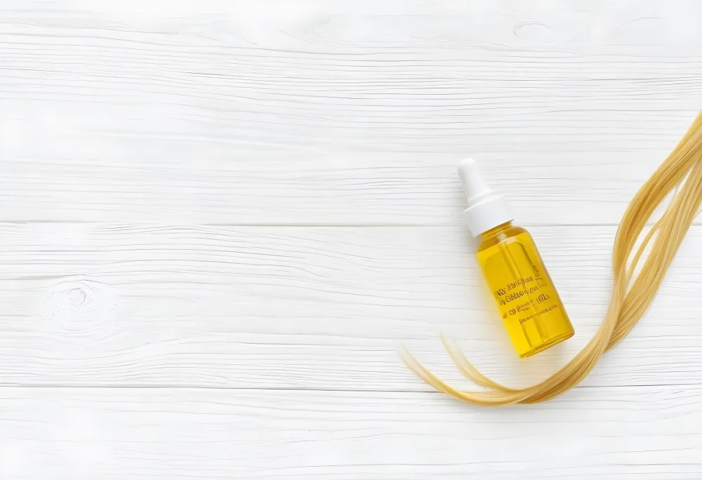 Bottle Of Yellow Hair Oil With A White Cap And A Strand Of Blonde Hair On A White Wooden Table 31 56e9