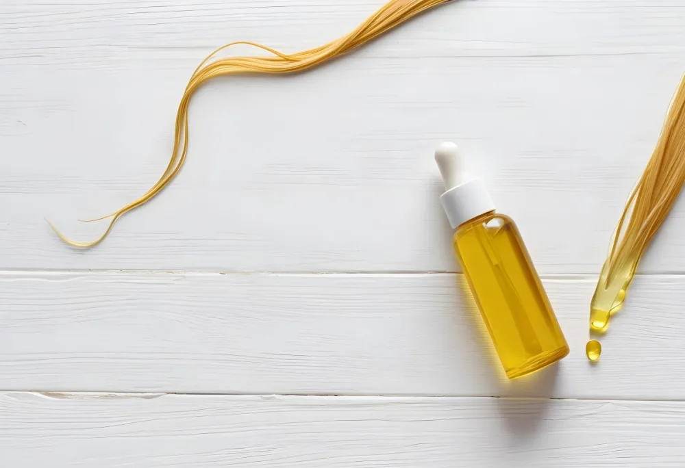 Bottle Of Yellow Hair Oil With A White Cap And A Strand Of Blonde Hair On A White Wooden Table 6 5f30