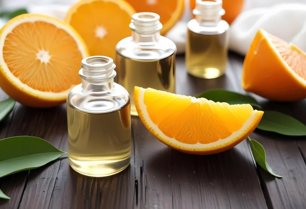 Bottles Of Essential Oil With Orange Slices And Leaves On A Wooden Surface 11 4a1c