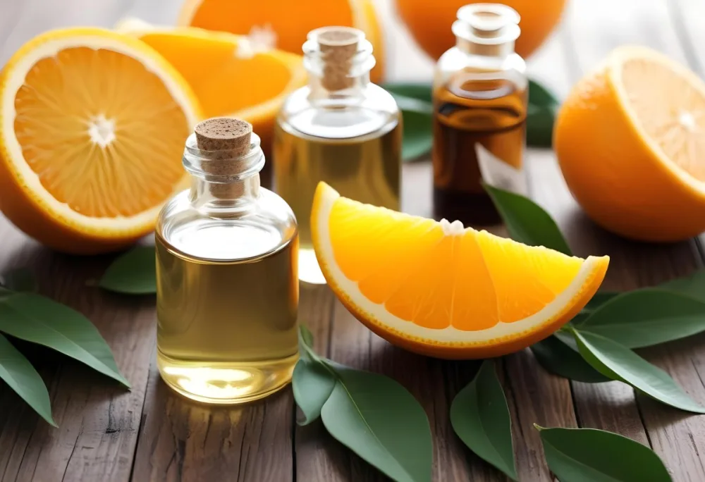 Bottles Of Essential Oil With Orange Slices And Leaves On A Wooden Surface 14