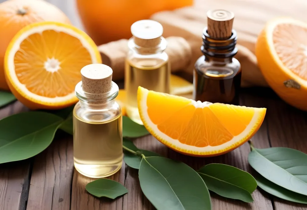 Bottles Of Essential Oil With Orange Slices And Leaves On A Wooden Surface 28 C0b2
