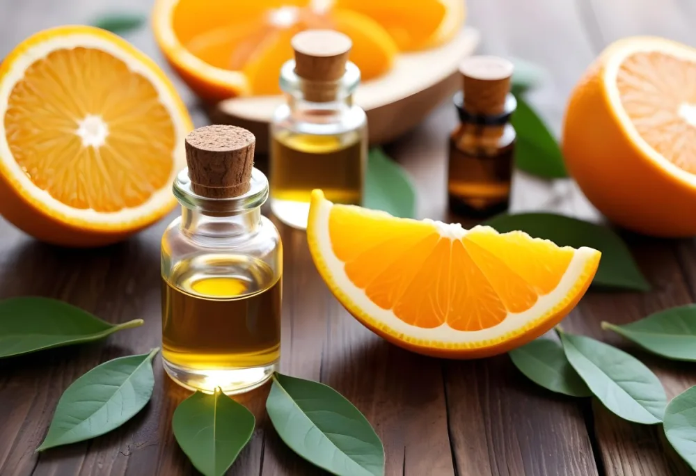 Bottles Of Essential Oil With Orange Slices And Leaves On A Wooden Surface 3