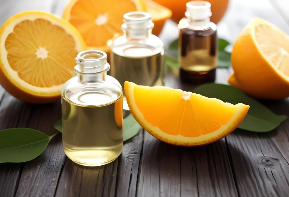 Bottles Of Essential Oil With Orange Slices And Leaves On A Wooden Surface 30 5df3