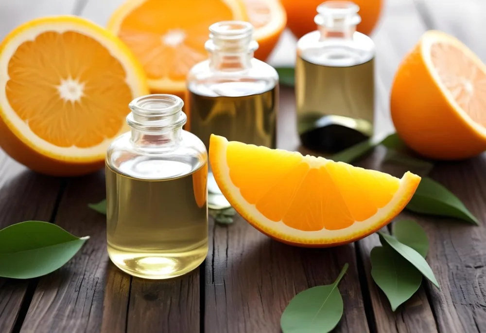 Bottles Of Essential Oil With Orange Slices And Leaves On A Wooden Surface 31 3b85