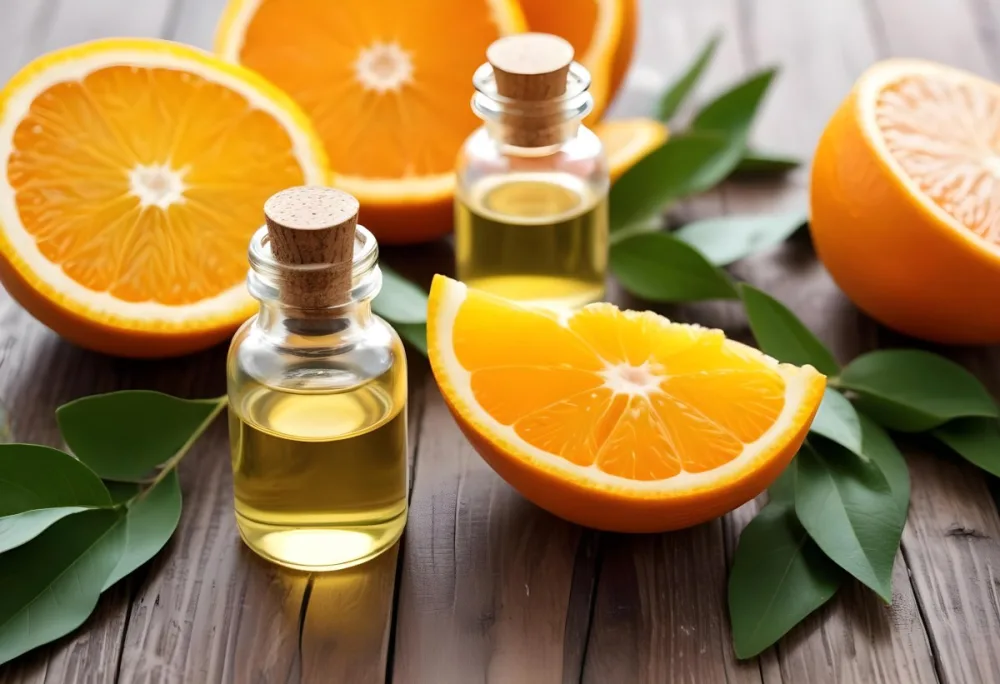Bottles Of Essential Oil With Orange Slices And Leaves On A Wooden Surface 8 5897