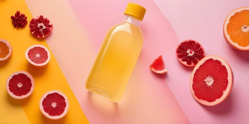Bottles Of Yellow And Pink Liquid Arranged On A Gradient Background The Yellow Bottle Is Opaque While The Pink One Is Transparent Slices Of Grapefruit And Pomegranate Are Visible In The Background Adding A Fresh An 2e13