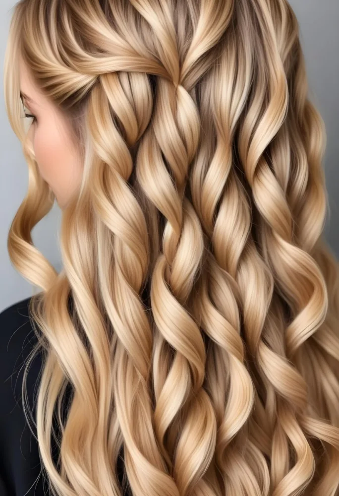 Braided Blonde Hair With Golden Highlights Intricate Weaving Pattern Close Up Shot Soft Lighting Creating A Warm And Inviting Texture Plain Background 25 625a