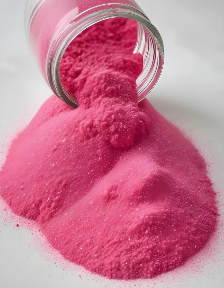 Bright Pink Glittery Sand Spilling Out Of A Clear Glass Jar With A Mound Of Sand On A White Surface 15 00a8