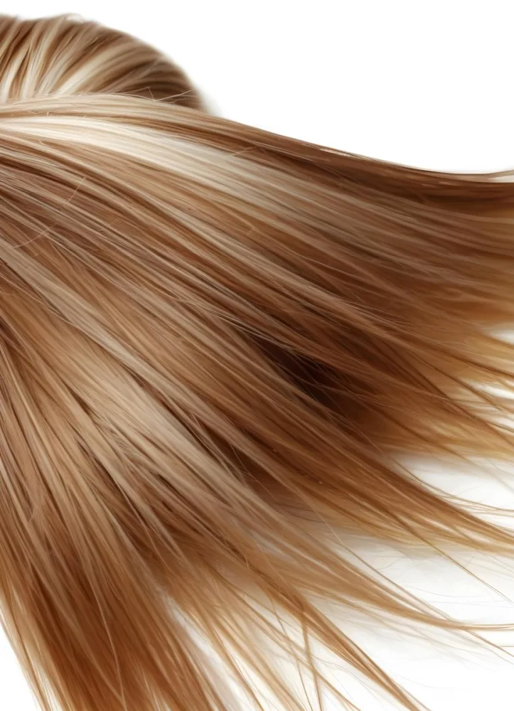 Brown And Blonde Hair Strands With Visible Texture Illuminated By A Bright Light Source Creating Highlights And Shadows Against A Plain White Background 23