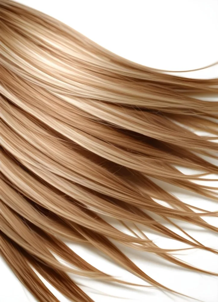 Brown And Blonde Hair Strands With Visible Texture Illuminated By A Bright Light Source Creating Highlights And Shadows Against A Plain White Background 3 2399
