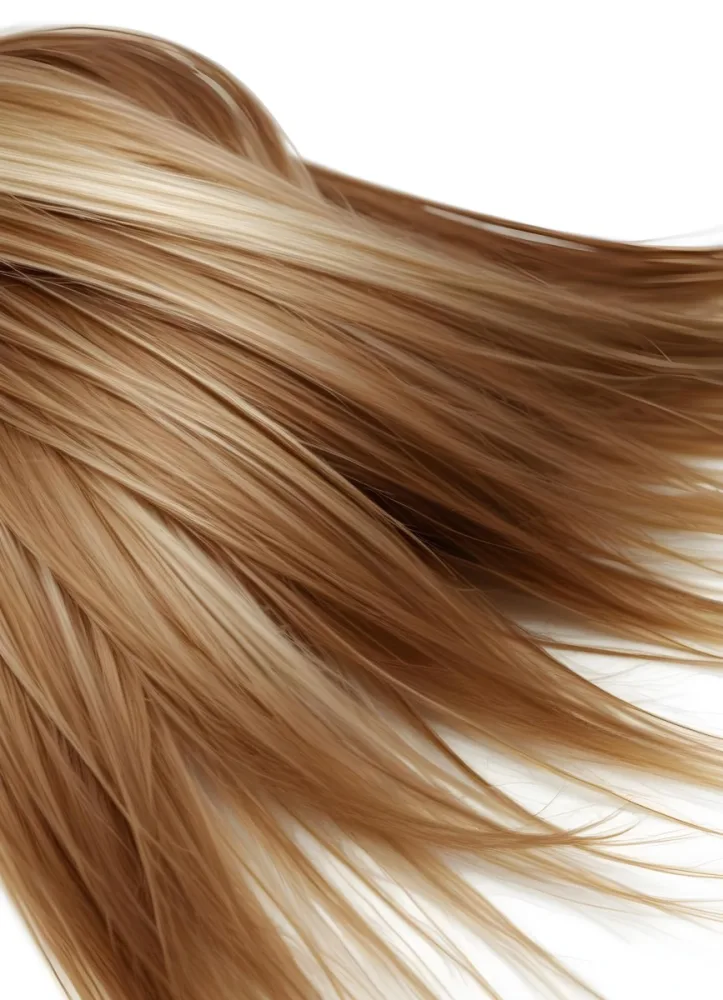 Brown And Blonde Hair Strands With Visible Texture Illuminated By A Bright Light Source Creating Highlights And Shadows Against A Plain White Background 44