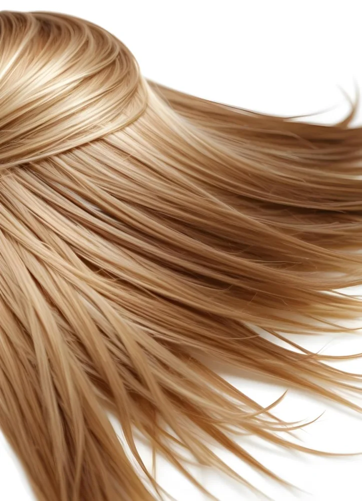 Brown And Blonde Hair Strands With Visible Texture Illuminated By A Bright Light Source Creating Highlights And Shadows Against A Plain White Background 8