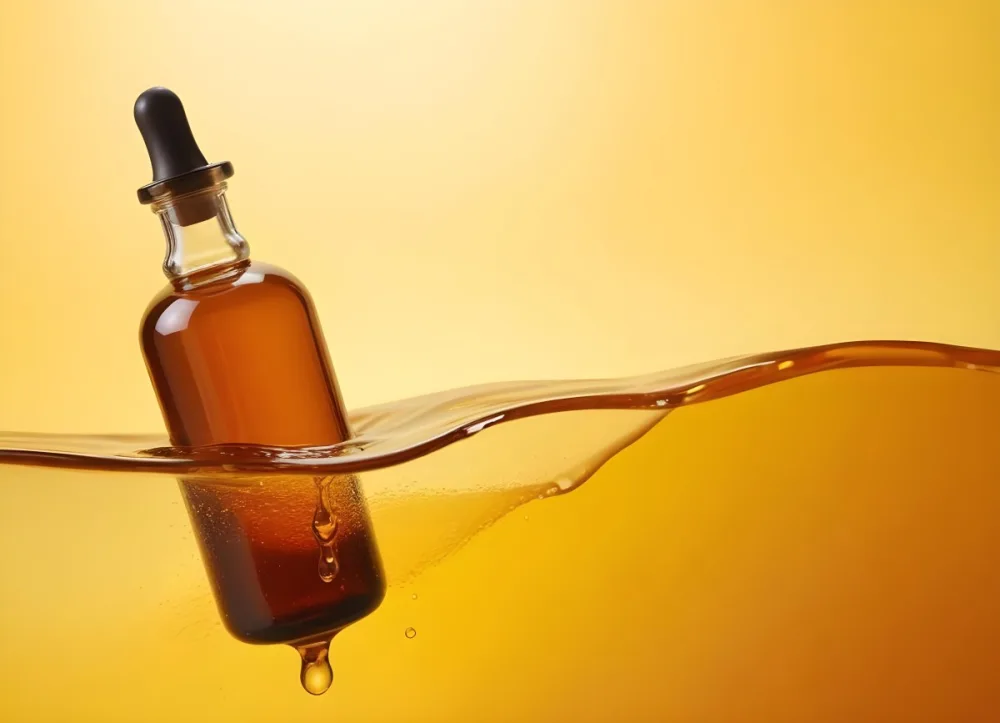 Brown Glass Bottle With A Dropper Submerged In A Orange Liquid The Background Is A Gradient Of Yellow And Orange 1 31dc