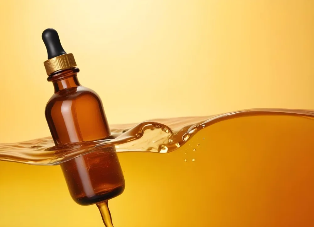 Brown Glass Bottle With A Dropper Submerged In A Orange Liquid The Background Is A Gradient Of Yellow And Orange 16 93d9