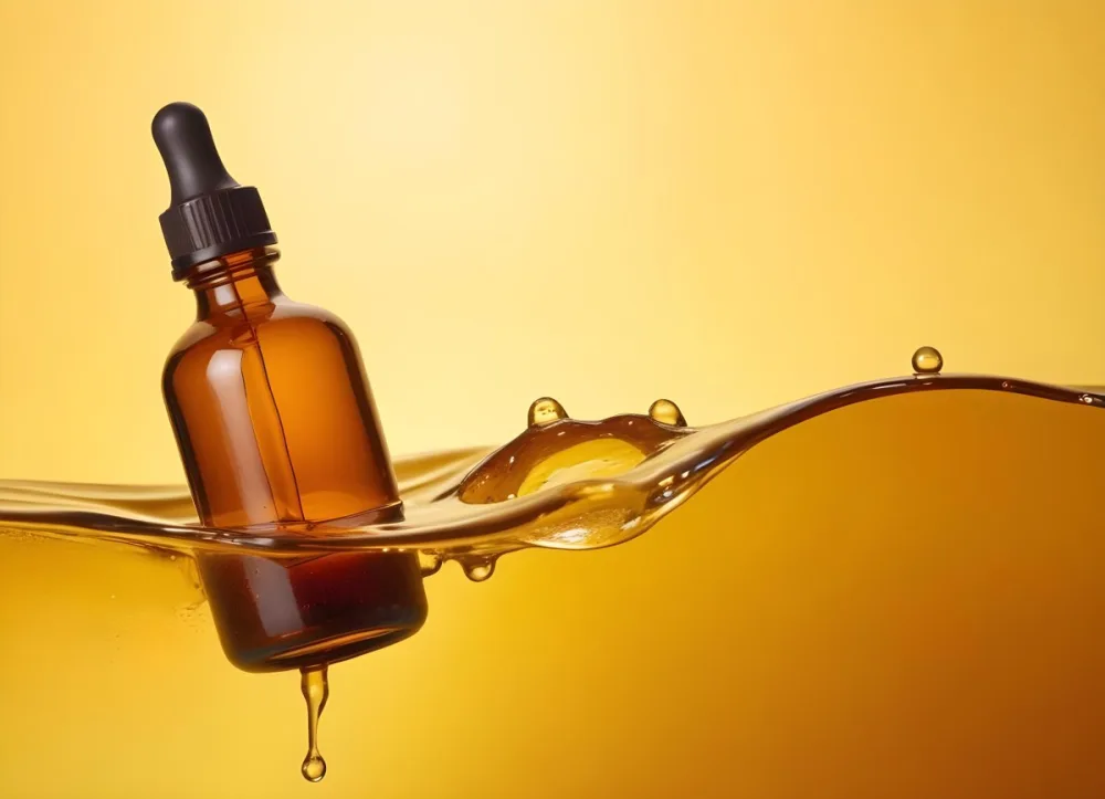 Brown Glass Bottle With A Dropper Submerged In A Orange Liquid The Background Is A Gradient Of Yellow And Orange 4 5659