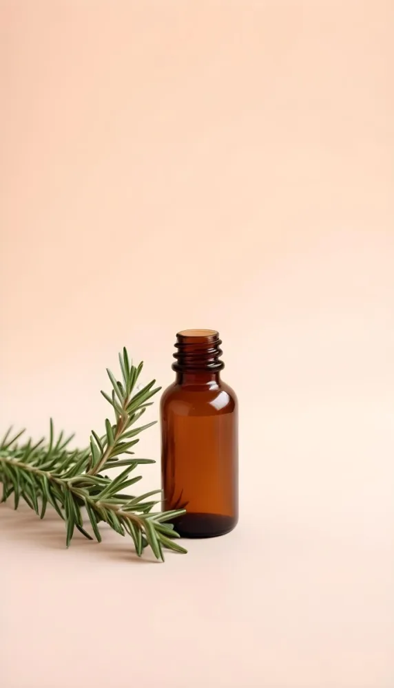 Brown Glass Bottle With A Sprig Of Rosemary On A White Surface The Background Is A Light Peach Color 10 D589
