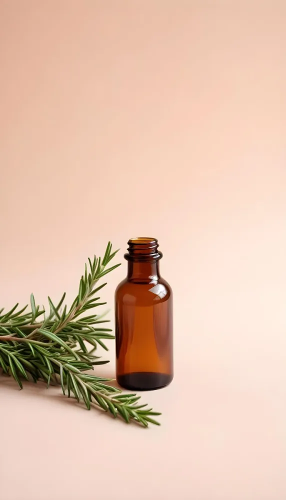Brown Glass Bottle With A Sprig Of Rosemary On A White Surface The Background Is A Light Peach Color 20 171d