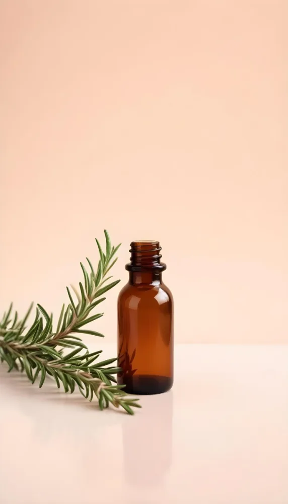 Brown Glass Bottle With A Sprig Of Rosemary On A White Surface The Background Is A Light Peach Color 27 1f5c