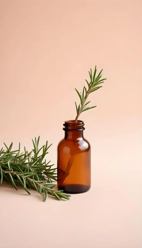 Brown Glass Bottle With A Sprig Of Rosemary On A White Surface The Background Is A Light Peach Color 28 19f4