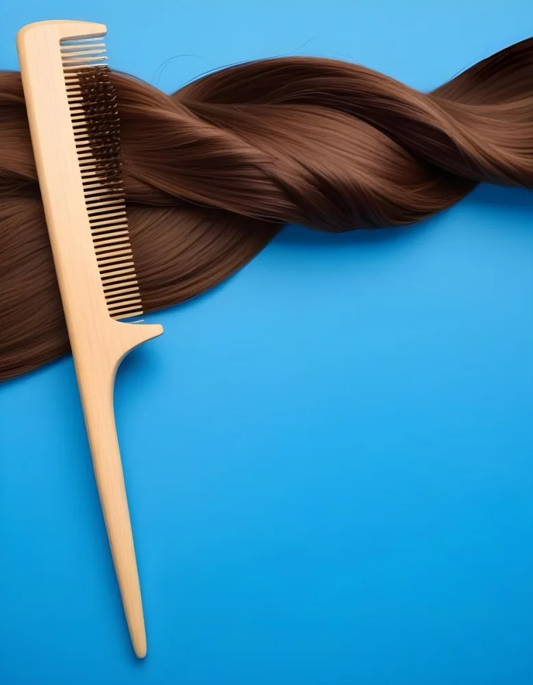Brown Hair Strand And A Wooden Comb On A Blue Background Hair Care Concept Beauty Salon Hair Treatment Hair Styling Hair Fashion 13 5cc3