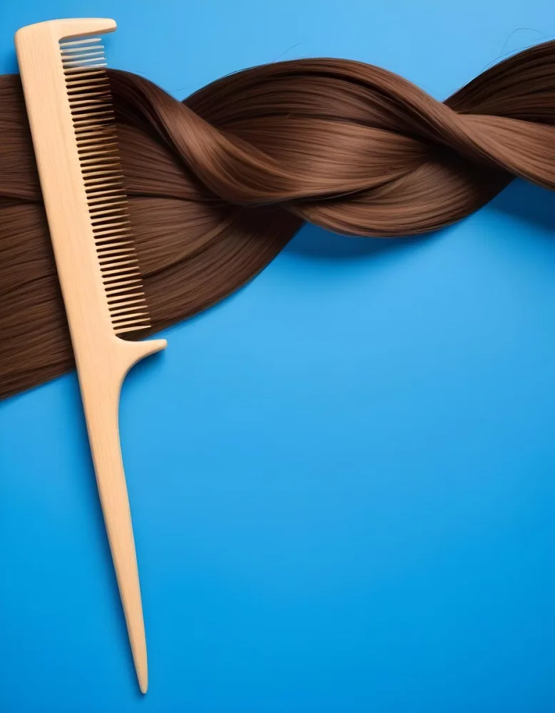 Brown Hair Strand And A Wooden Comb On A Blue Background Hair Care Concept Beauty Salon Hair Treatment Hair Styling Hair Fashion 19 64f9