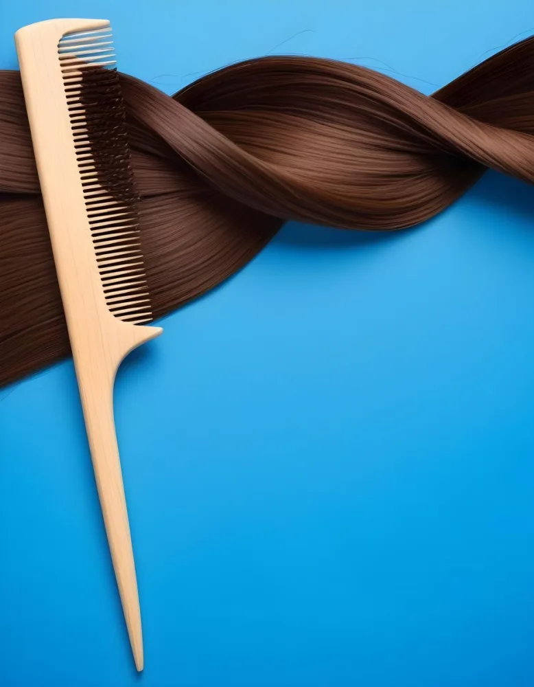 Brown Hair Strand And A Wooden Comb On A Blue Background Hair Care Concept Beauty Salon Hair Treatment Hair Styling Hair Fashion 21 D0a5