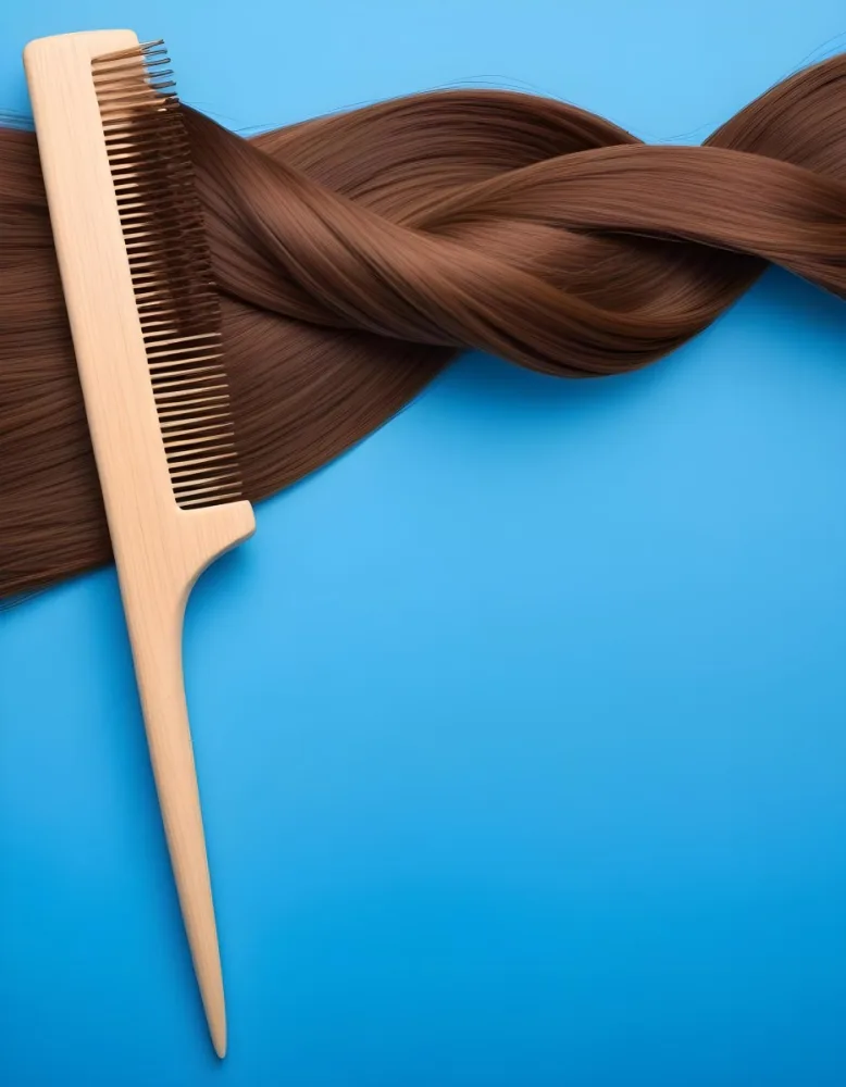 Brown Hair Strand And A Wooden Comb On A Blue Background Hair Care Concept Beauty Salon Hair Treatment Hair Styling Hair Fashion 25 1eef