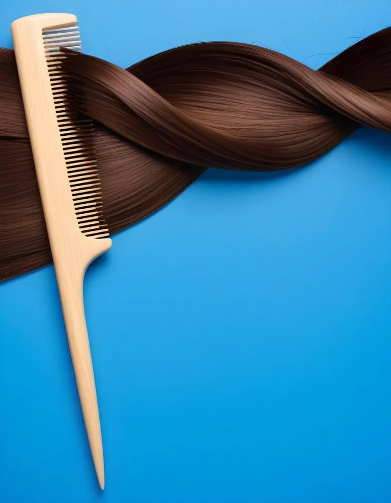 Brown Hair Strand And A Wooden Comb On A Blue Background Hair Care Concept Beauty Salon Hair Treatment Hair Styling Hair Fashion 4 B36b