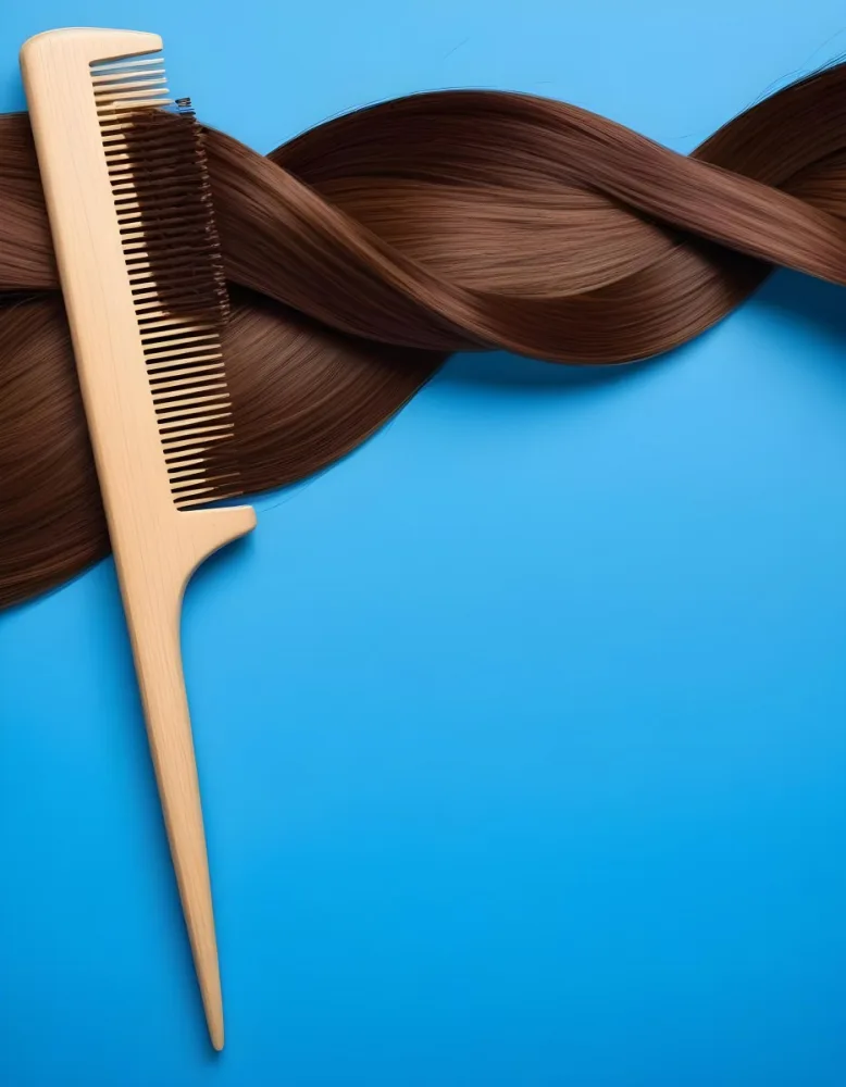 Brown Hair Strand And A Wooden Comb On A Blue Background Hair Care Concept Beauty Salon Hair Treatment Hair Styling Hair Fashion 8 Ff29