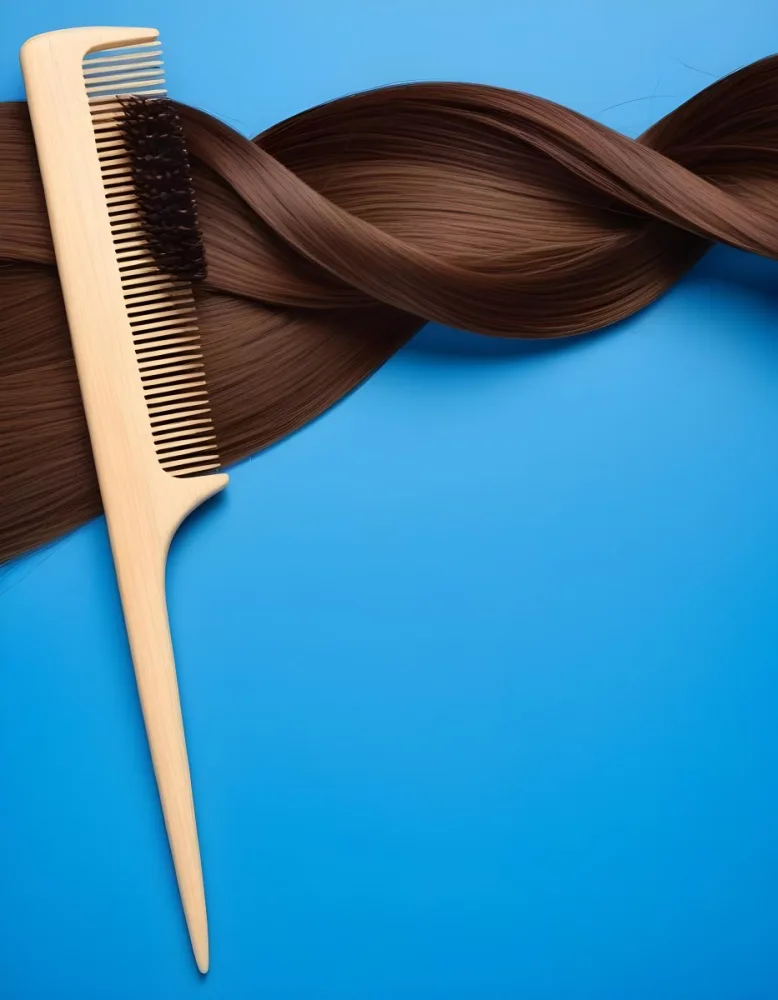 Brown Hair Strand And A Wooden Comb On A Blue Background Hair Care Concept Beauty Salon Hair Treatment Hair Styling Hair Fashion 9 465c