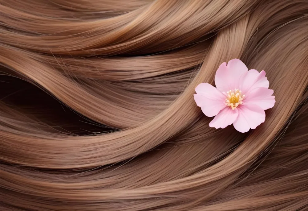 Brown Hair With A Pink Flower On Top The Hair Is Shiny And Healthy The Background Is Blurred 14