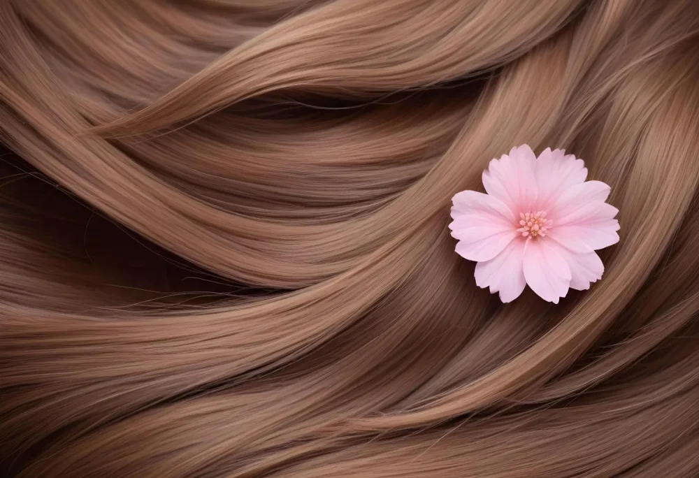 Brown Hair With A Pink Flower On Top The Hair Is Shiny And Healthy The Background Is Blurred 21 C35f
