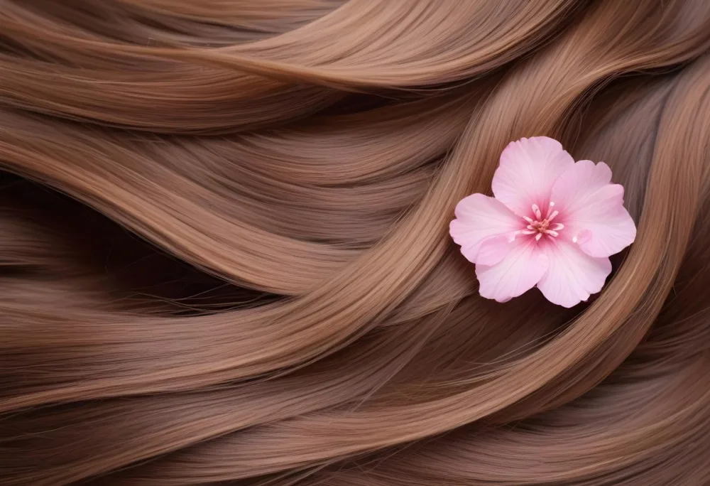 Brown Hair With A Pink Flower On Top The Hair Is Shiny And Healthy The Background Is Blurred 30 2704