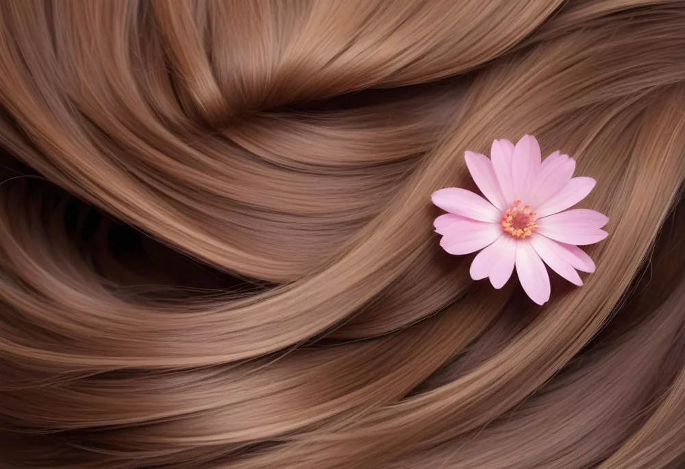 Brown Hair With A Pink Flower On Top The Hair Is Shiny And Healthy The Background Is Blurred 4 2cbc