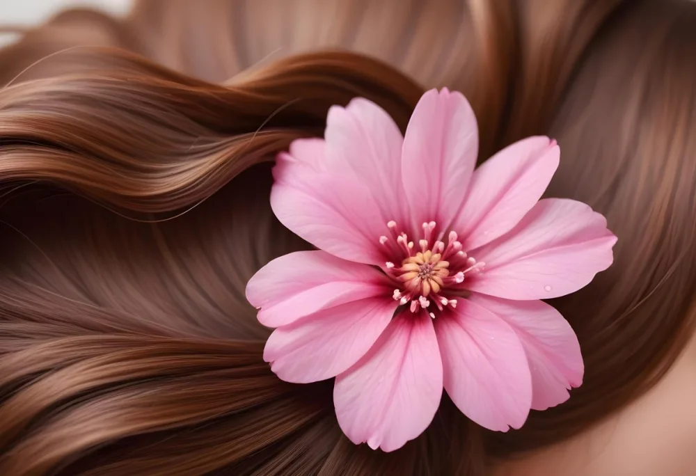Brown Hair With A Pink Flower On Top The Hair Is Shiny And Healthy The Background Is Blurred 5 0740