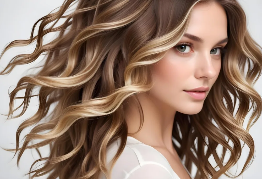 Brown Hair With Blonde Highlights Wavy Texture Close Up Shot Strands Overlapping Natural Lighting Clean White Background Hair Styled In Loose Waves Natural Look Hair Care Product Advertisement 27 787c