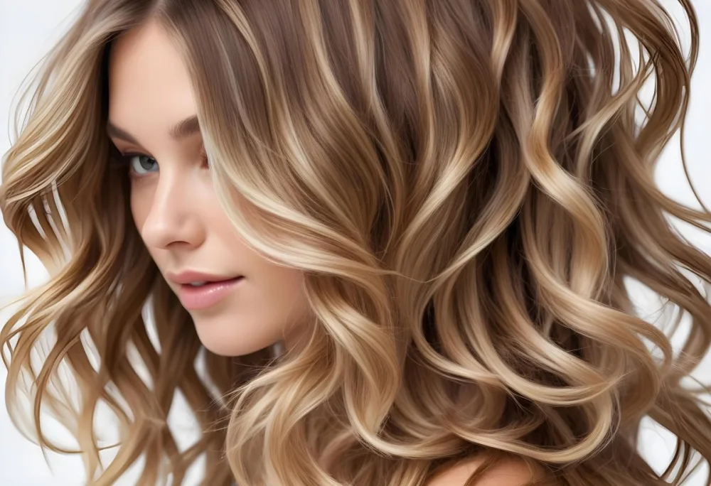 Brown Hair With Blonde Highlights Wavy Texture Close Up Shot Strands Overlapping Natural Lighting Clean White Background Hair Styled In Loose Waves Natural Look Hair Care Product Advertisement 33 3fff