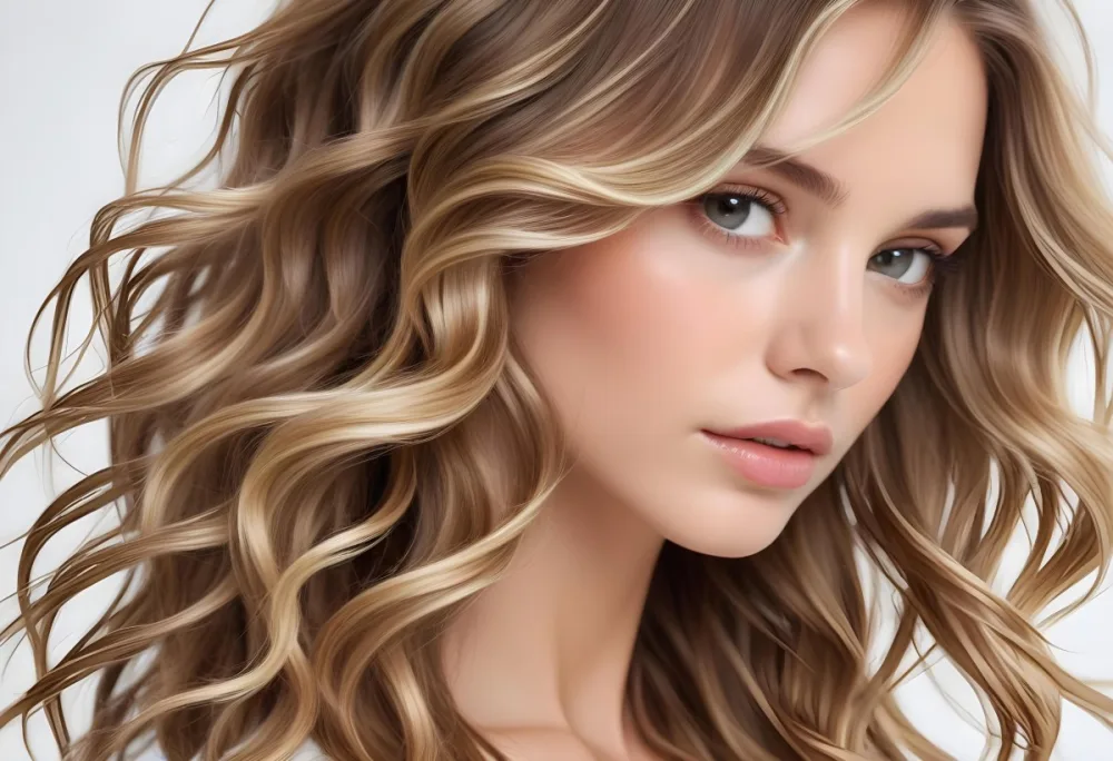 Brown Hair With Blonde Highlights Wavy Texture Close Up Shot Strands Overlapping Natural Lighting Clean White Background Hair Styled In Loose Waves Natural Look Hair Care Product Advertisement 7 Ce0a