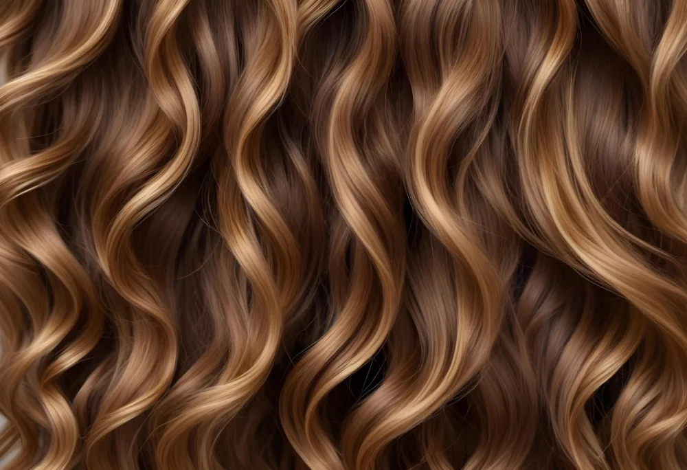 Brown Hair With Golden Highlights Wavy Texture Close Up Shot Natural Lighting Smooth Strands Natural Look Hair Care Concept Beauty Salon Salon Style Healthy Texture Elegant Waves 20 3cd3