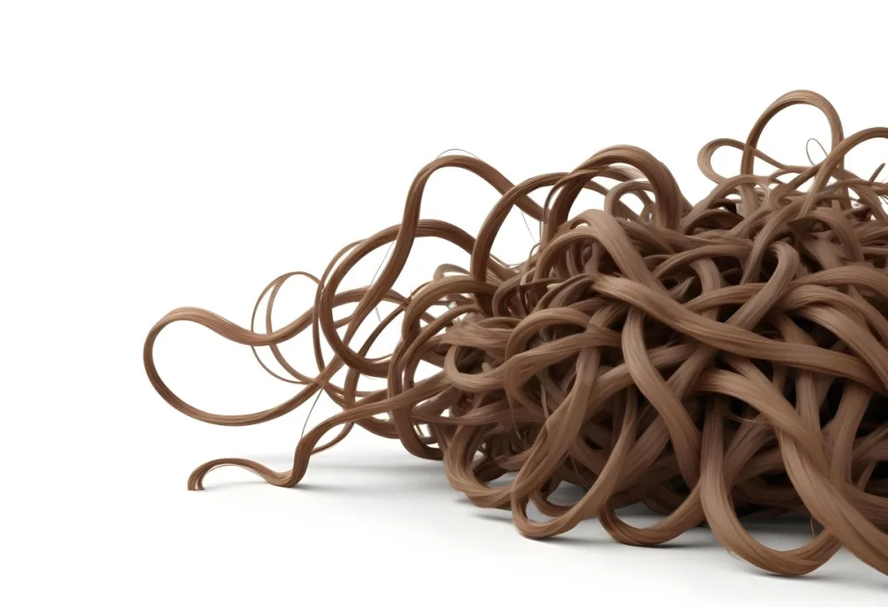 Brown Messy Hair Strands Light Brown And Dark Brown Tones Messy And Tangled Isolated On A White Background Studio Shot High Resolution 5 96dd