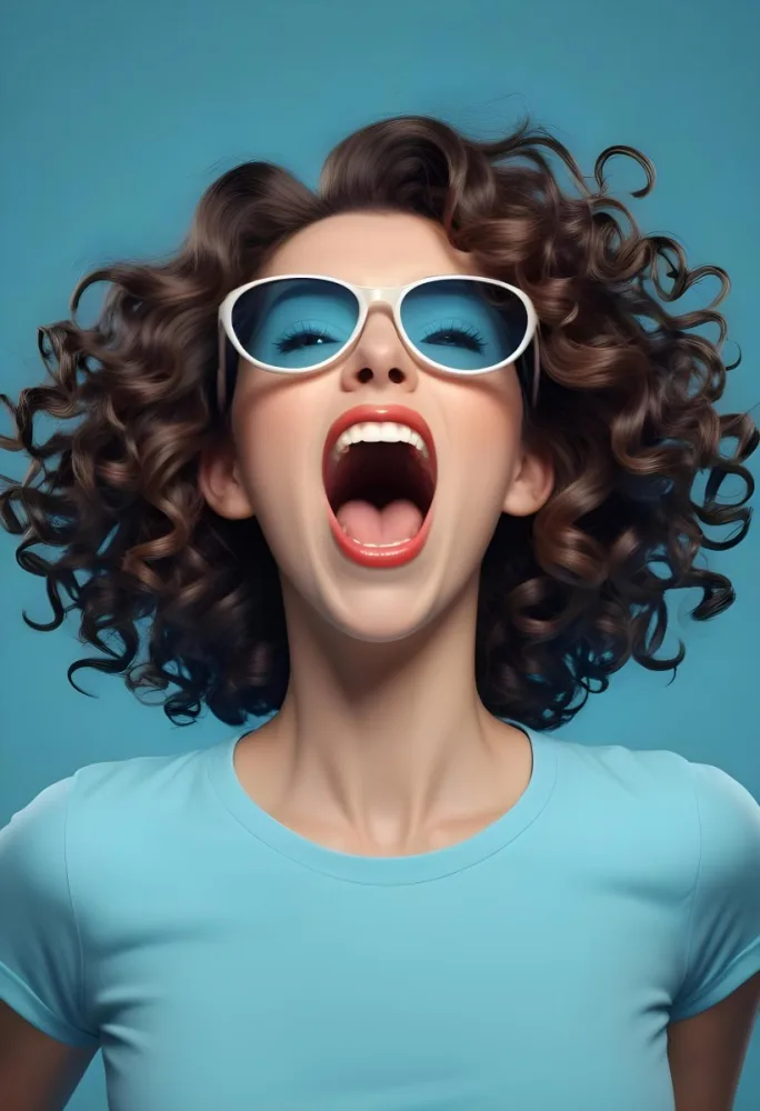 Caucasian Woman 25 Years Old Curly Brown Hair Wearing Sunglasses Screaming With Open Mouth Wearing A Blue Shirt In A Blue Background 14 6cc9