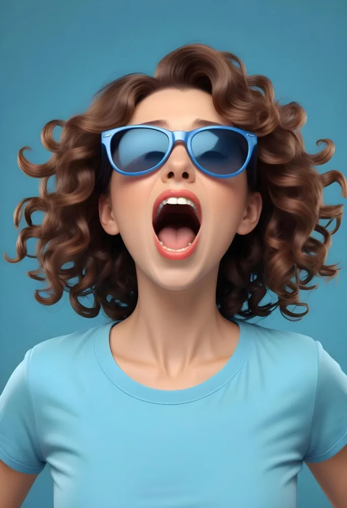 Caucasian Woman 25 Years Old Curly Brown Hair Wearing Sunglasses Screaming With Open Mouth Wearing A Blue Shirt In A Blue Background 41 A2a5
