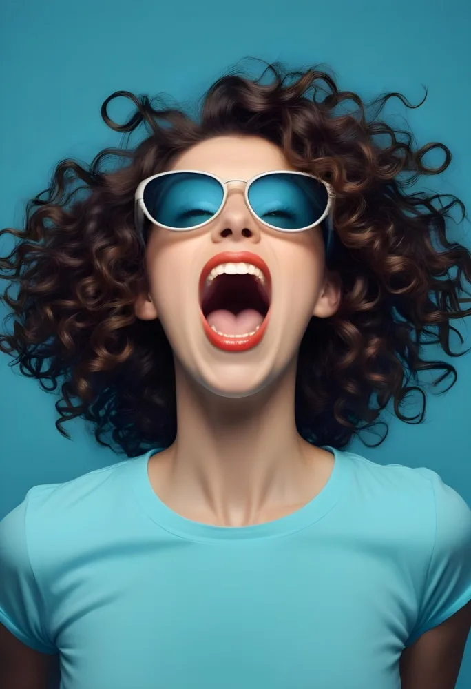 Caucasian Woman 25 Years Old Curly Brown Hair Wearing Sunglasses Screaming With Open Mouth Wearing A Blue Shirt In A Blue Background 5 64a8