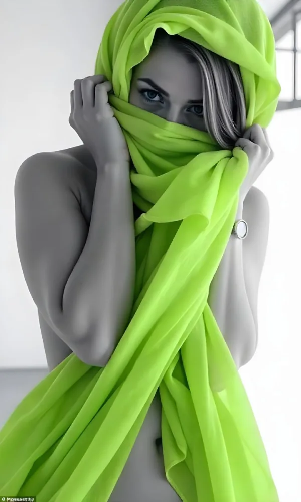 Caucasian Woman Age 25 With Brown Hair Partially Covered By A Vibrant Green Fabric In A Minimalist Gray And White Indoor Setting 11 90ab
