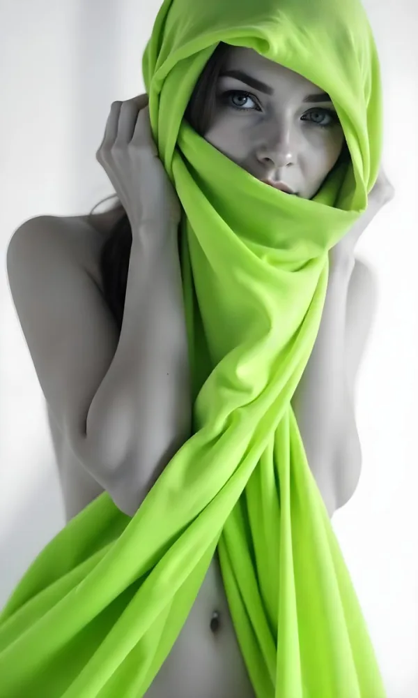 Caucasian Woman Age 25 With Brown Hair Partially Covered By A Vibrant Green Fabric In A Minimalist Gray And White Indoor Setting 12 B2fb