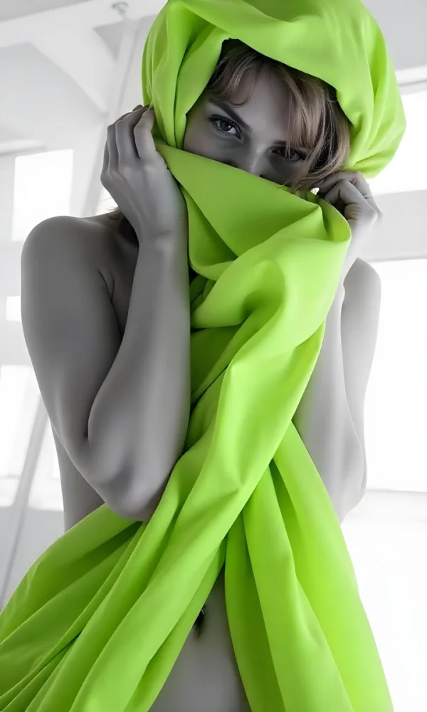 Caucasian Woman Age 25 With Brown Hair Partially Covered By A Vibrant Green Fabric In A Minimalist Gray And White Indoor Setting 15 Abb3